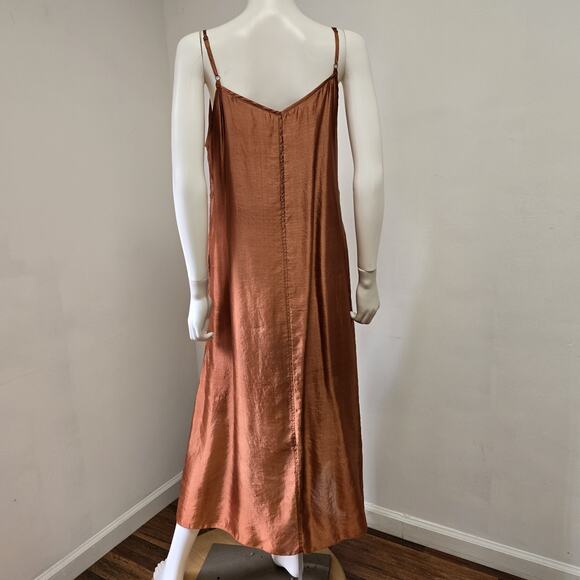 Peruvian Connection Midi Dress Size M Copper Rust Lined 100% Silk Strappy Layer - Picture 3 of 9